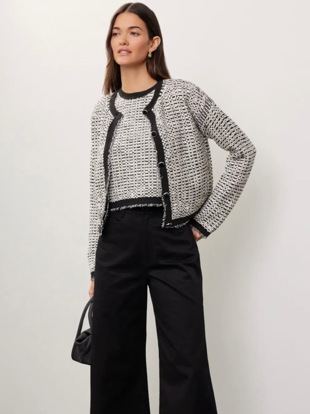 Club Monaco Black and White Textured Cropped Cardigan